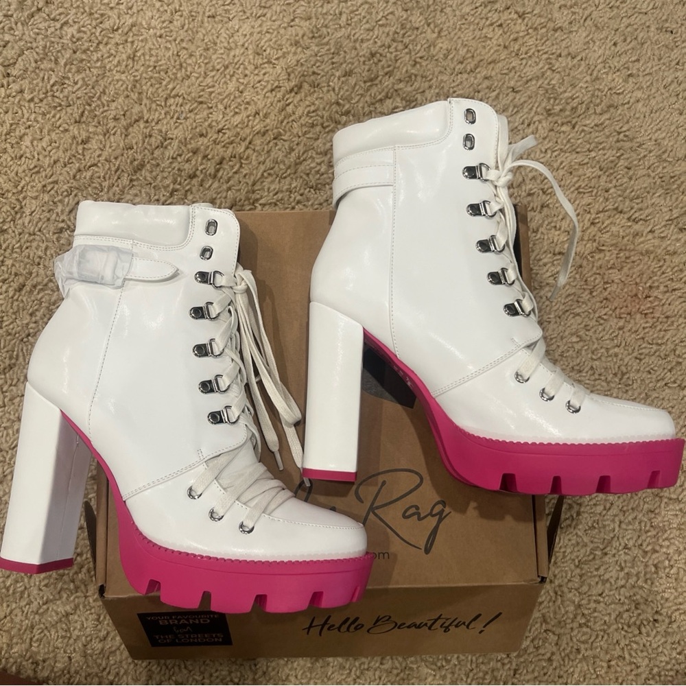 White and Pink Heeled Boots with Chunky Platform